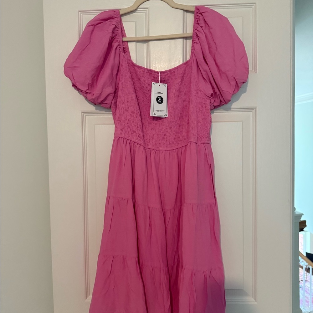 Pink Puff Sleeve Sundress with Square Neck
